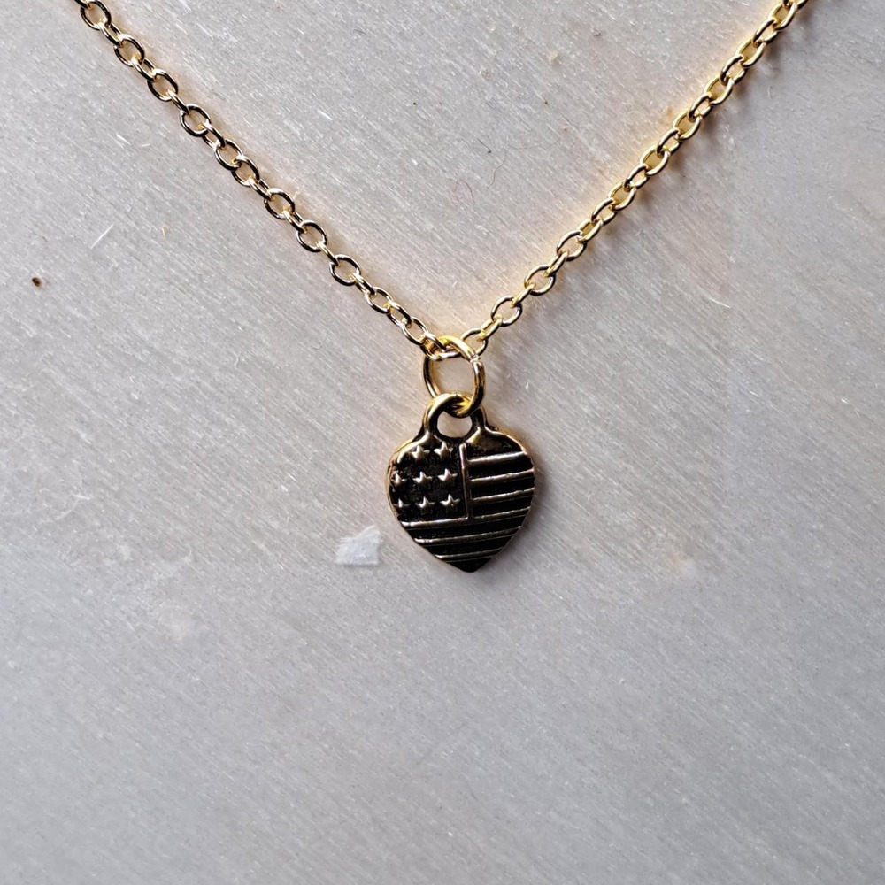 Gold Tone American Flag Heart Pendant Necklace Made in USA Patriotic Jewelry